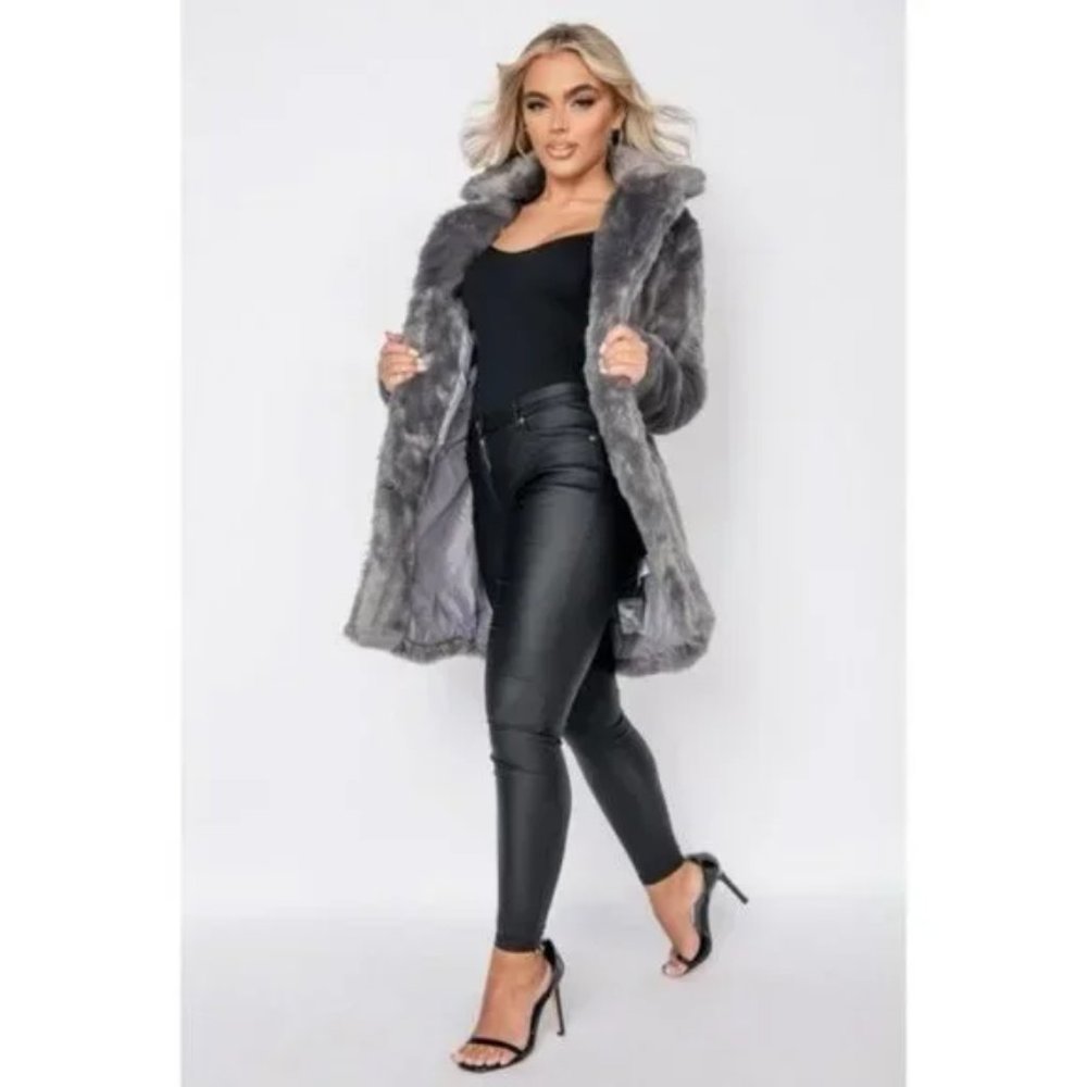 Gray Faux Fur Long Sleeve Collared Coat - Picture 11 of 16